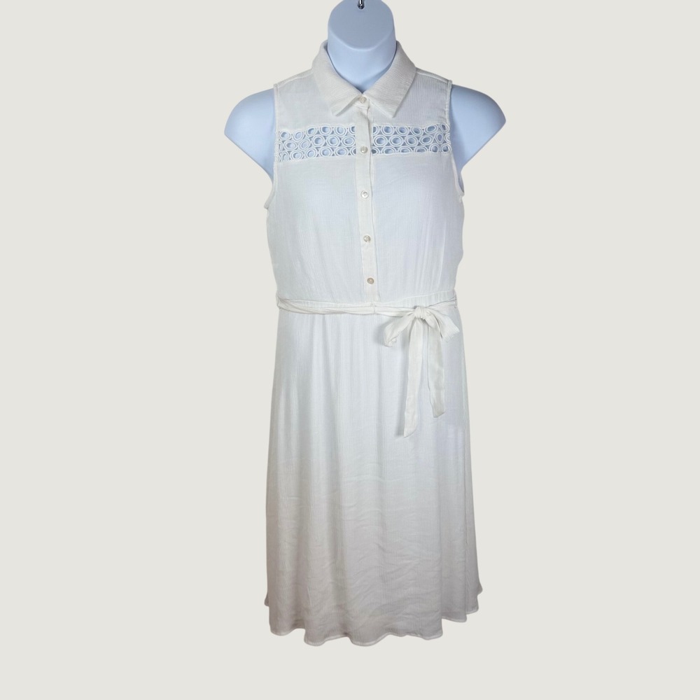 Luxology Dress Large White Eyelet Sleeveless Button Up Belted Textured Coastal